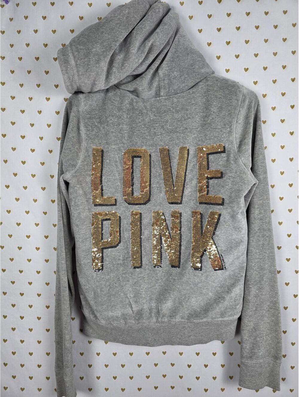 Victorias Secret Pink Grey VELOUR FUR LINED Hoodie Jacket BLING Gold Sequined S